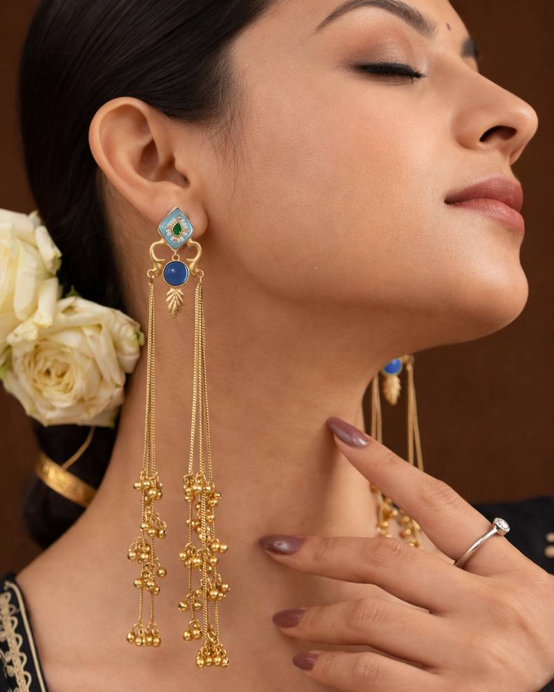 Designer Gold Plated Long Tassel Earrings for Women | Ethnic Party Wear Statement Earrings
