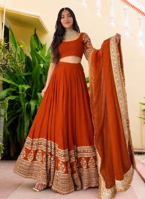 Women's  Orange Georgette Zari  Embroidery Work Lehenga Choli 1