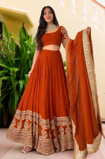 Women's  Orange Georgette Zari  Embroidery Work Lehenga Choli