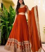 Women's  Orange Georgette Zari  Embroidery Work Lehenga Choli