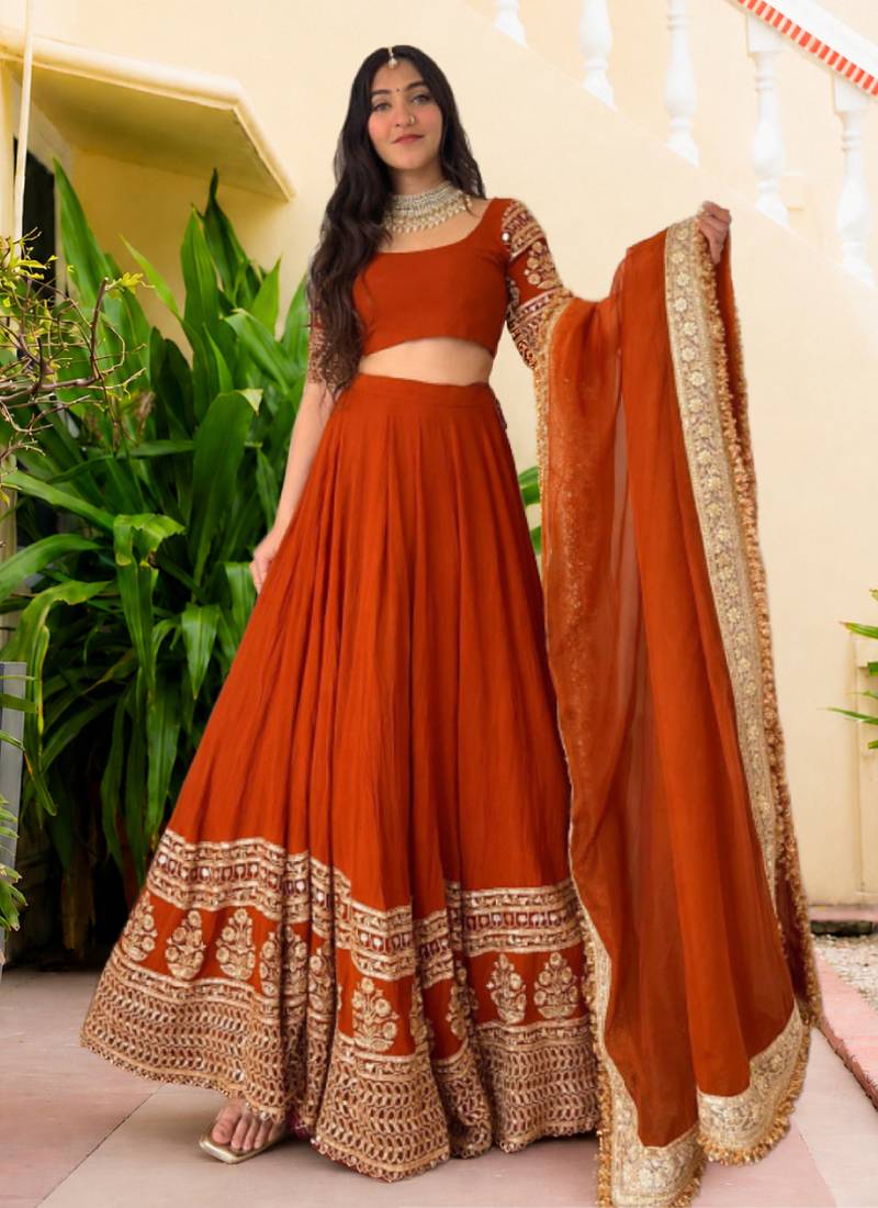 Women's  Orange Georgette Zari  Embroidery Work Lehenga Choli