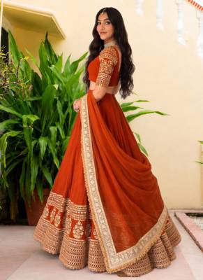 Women's  Orange Georgette Zari  Embroidery Work Lehenga Choli 2