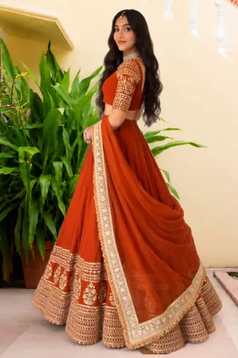 Women's  Orange Georgette Zari  Embroidery Work Lehenga Choli