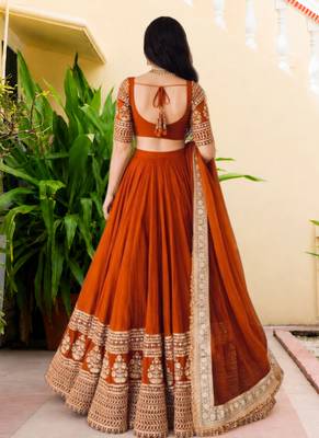 Women's  Orange Georgette Zari  Embroidery Work Lehenga Choli 3