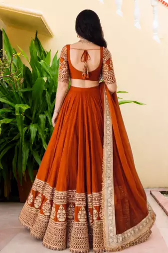 Women's  Orange Georgette Zari  Embroidery Work Lehenga Choli