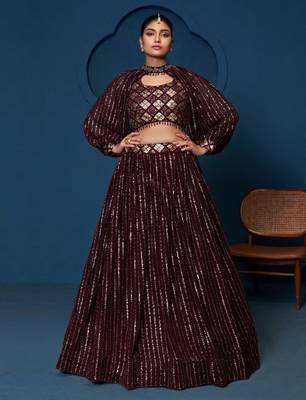 Women's Wine Georgette Zari Sequence Embroidery Work Lehenga Choli With Choker Sleeve 1