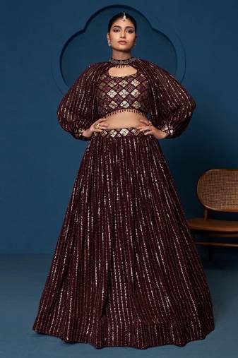 Women's Wine Georgette Zari Sequence Embroidery Work Lehenga Choli With Choker Sleeve