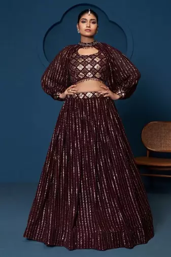 Women's Wine Georgette Zari Sequence Embroidery Work Lehenga Choli With Choker Sleeve