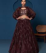 Women's Wine Georgette Zari Sequence Embroidery Work Lehenga Choli With Choker Sleeve