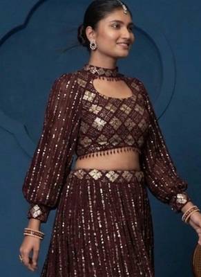 Women's Wine Georgette Zari Sequence Embroidery Work Lehenga Choli With Choker Sleeve 2
