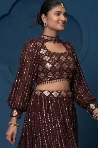 Women's Wine Georgette Zari Sequence Embroidery Work Lehenga Choli With Choker Sleeve