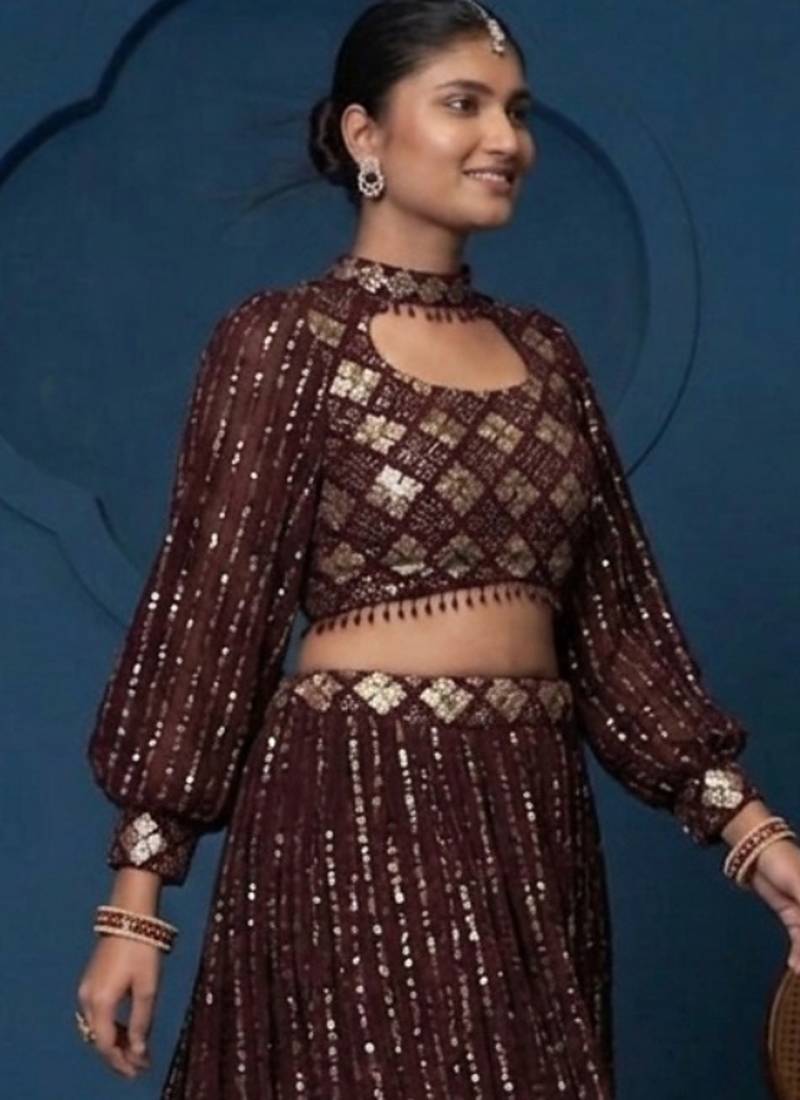 Women's Wine Georgette Zari Sequence Embroidery Work Lehenga Choli With Choker Sleeve