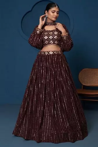 Women's Wine Georgette Zari Sequence Embroidery Work Lehenga Choli With Choker Sleeve
