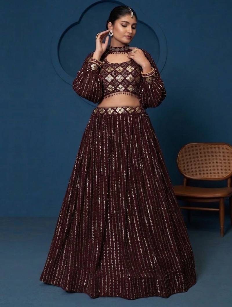 Women's Wine Georgette Zari Sequence Embroidery Work Lehenga Choli With Choker Sleeve