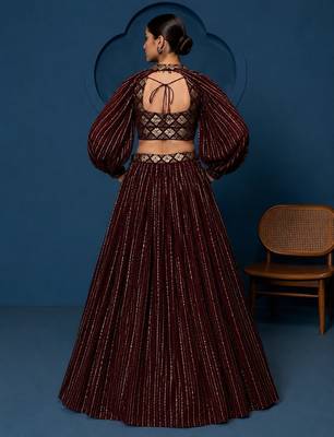 Women's Wine Georgette Zari Sequence Embroidery Work Lehenga Choli With Choker Sleeve 4
