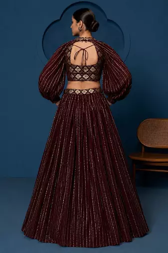 Women's Wine Georgette Zari Sequence Embroidery Work Lehenga Choli With Choker Sleeve