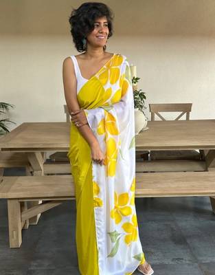 Yellow original japan satin digital print saree with blouse piece 1