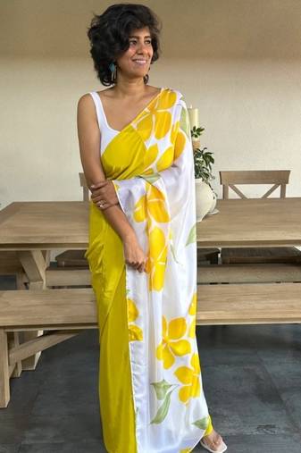 Yellow original japan satin digital print saree with blouse piece