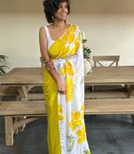 Yellow original japan satin digital print saree with blouse piece