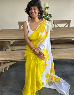 Yellow original japan satin digital print saree with blouse piece 2