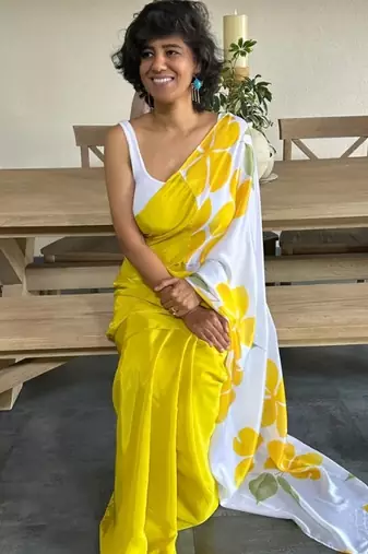 Yellow original japan satin digital print saree with blouse piece