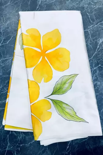 Yellow original japan satin digital print saree with blouse piece