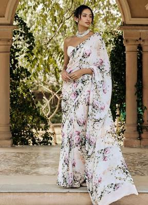 White original japan satin digital print saree with blouse piece 1