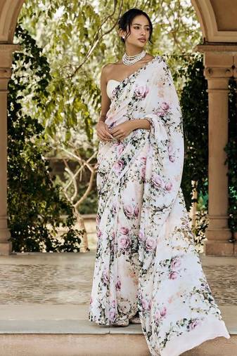 White original japan satin digital print saree with blouse piece