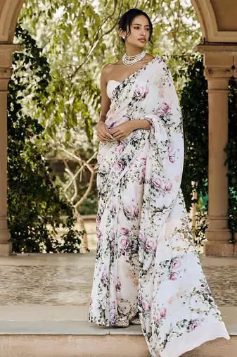 White original japan satin digital print saree with blouse piece