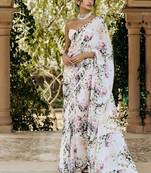 White original japan satin digital print saree with blouse piece