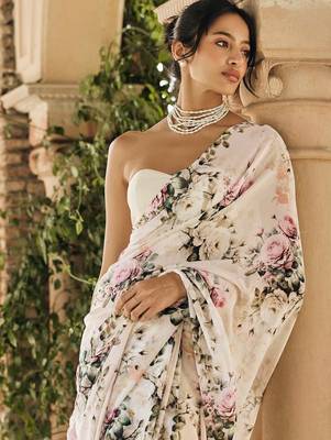 White original japan satin digital print saree with blouse piece 2