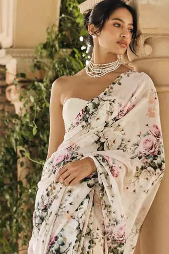 White original japan satin digital print saree with blouse piece