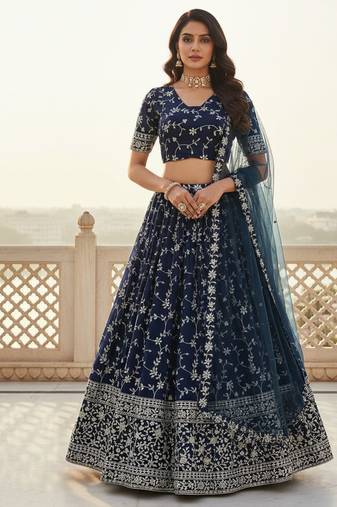 Women's  Blue Silk Georgette Embroidery Work Lehenga Choli