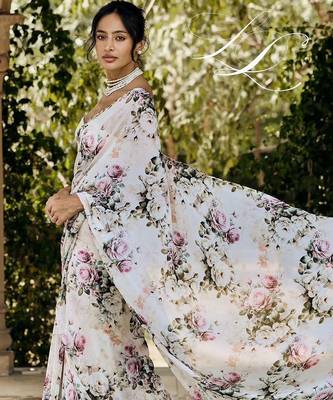 White original japan satin digital print saree with blouse piece 3