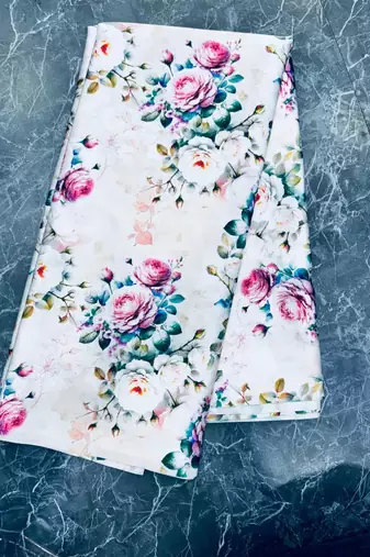 White original japan satin digital print saree with blouse piece