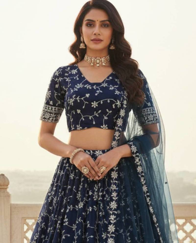 Women's  Blue Silk Georgette Embroidery Work Lehenga Choli