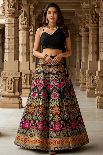 Women's  Black Silk Zari  Embroidery Work Lehenga Choli