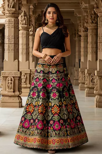 Women's  Black Silk Zari  Embroidery Work Lehenga Choli