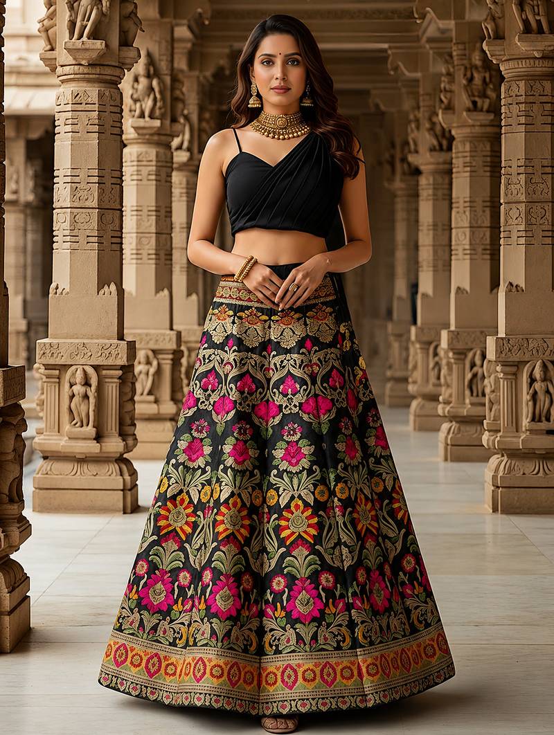 Women's  Black Silk Zari  Embroidery Work Lehenga Choli