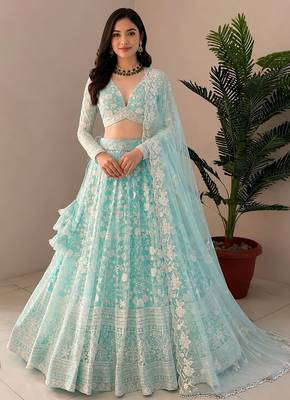Women's Sky Blue Net Zari Embroidery Work Lehenga Choli 1