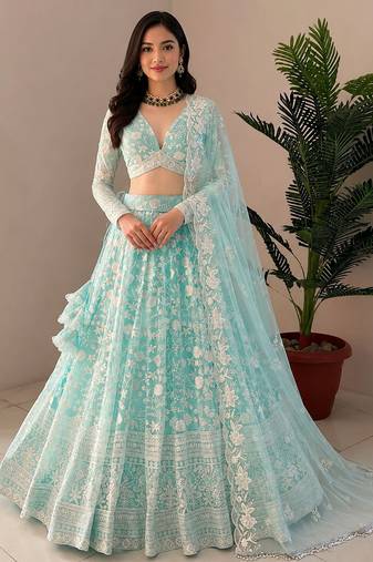 Women's Sky Blue Net Zari Embroidery Work Lehenga Choli