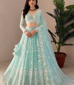 Women's Sky Blue Net Zari Embroidery Work Lehenga Choli