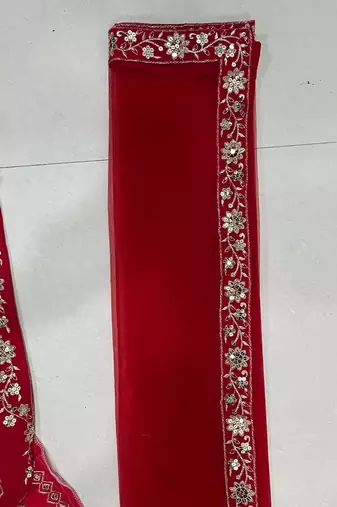 pink red velvet zari embroidered bridal lehenga set