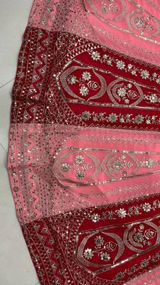 pink red velvet zari embroidered bridal lehenga set 7