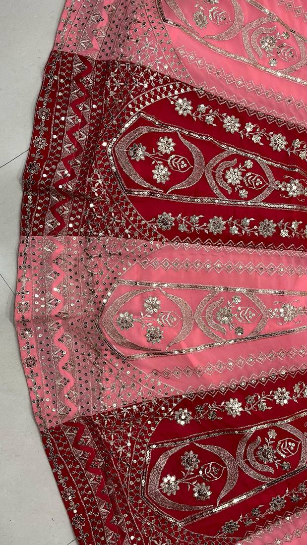 pink red velvet zari embroidered bridal lehenga set