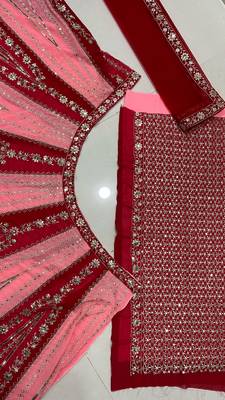 pink red velvet zari embroidered bridal lehenga set 8