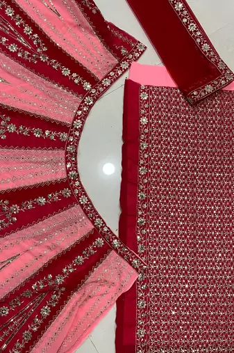 pink red velvet zari embroidered bridal lehenga set