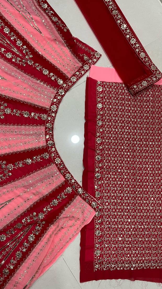 pink red velvet zari embroidered bridal lehenga set