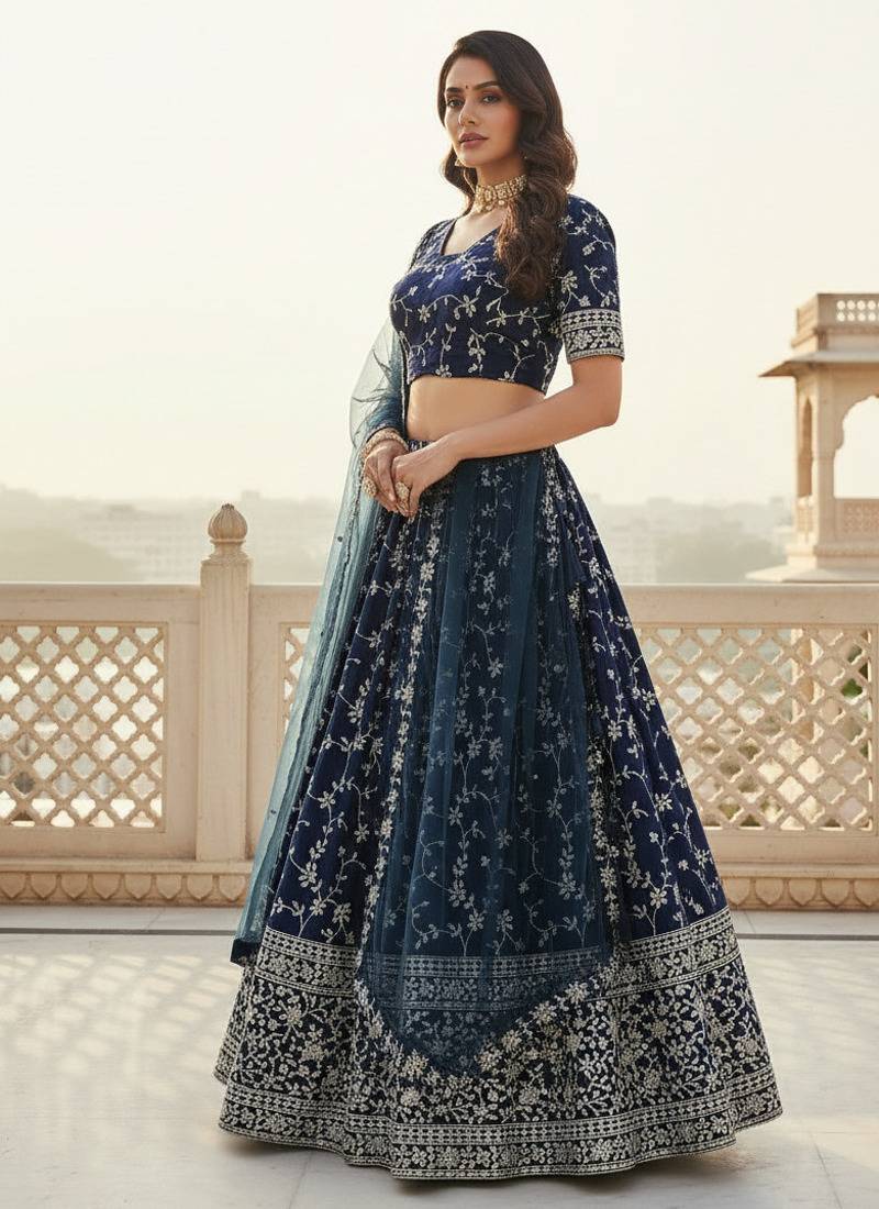 Women's  Blue Silk Georgette Embroidery Work Lehenga Choli