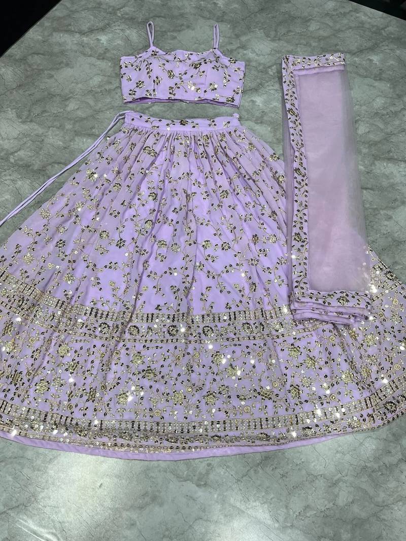 LAVENDER EMBROIDERED GEORGETTE FLAIRED LEHENGA CHOLI WITH DUPATTA